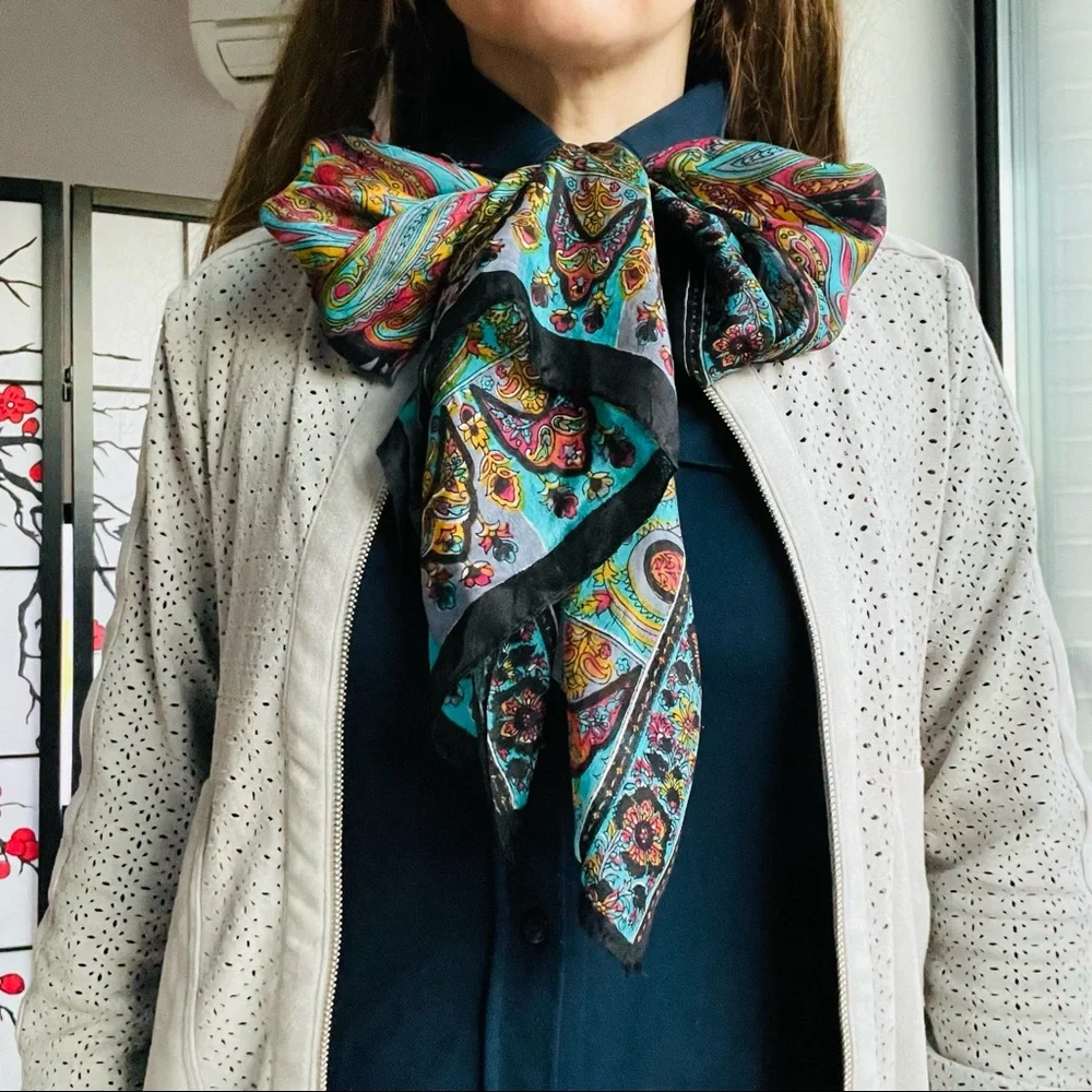 Vintage Genuine Silk Paisley Rainbow Rolled Hem Long Rectangular Women Men Scarf